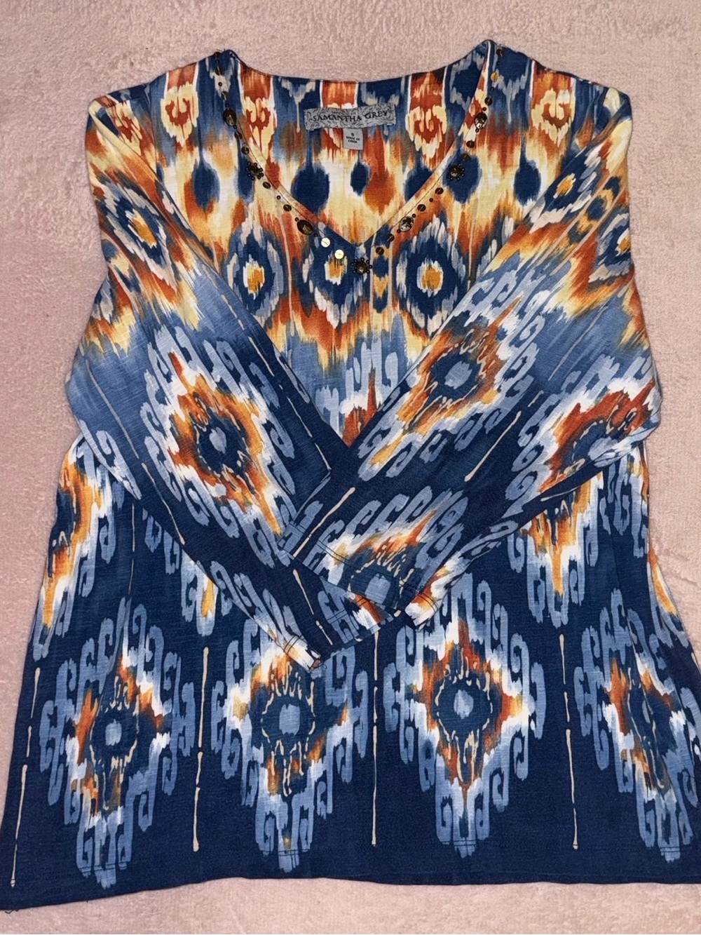 Y2K Samantha Grey Multicolored Boho Ikat Embellished V-Neck long sleeve Tunic💙✨